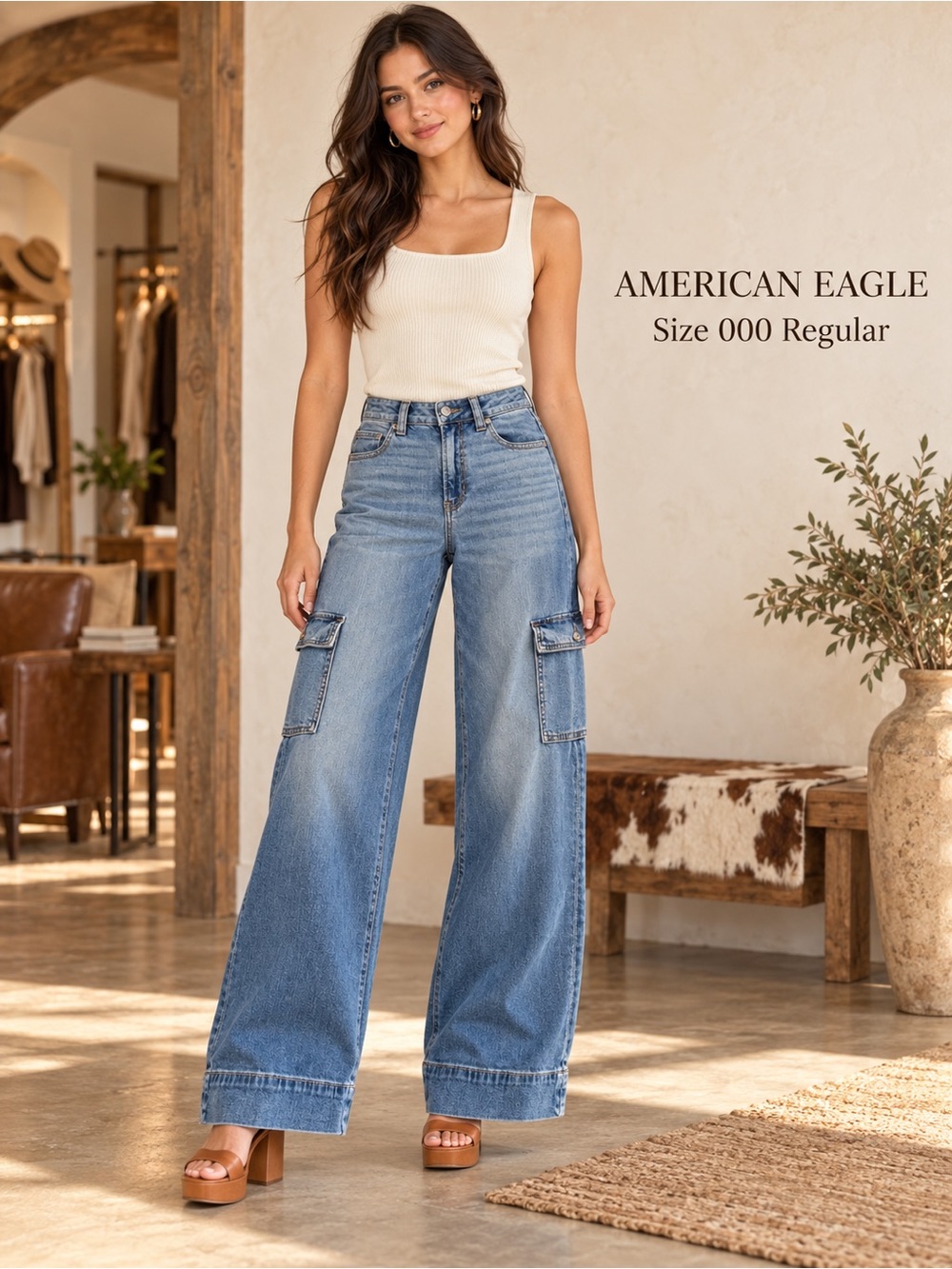 American Eagle Super High-Rise Baggy Wide-Leg Cargo Jeans 000 Regular